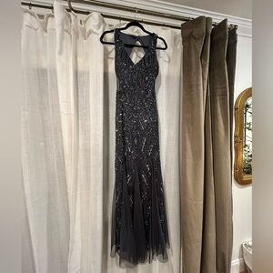 Adrianna Papell Beaded Art Deco Formal Gown in Charcoal